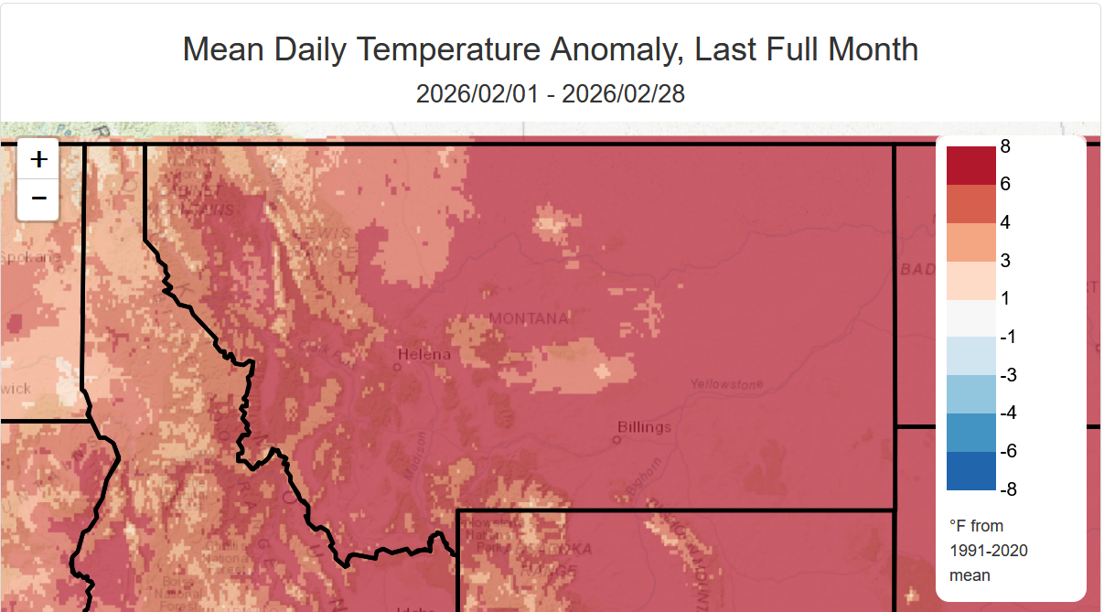 Map of Mean Daily Temperature Anomaly for Montana for the month of February. Source: [Climate Toolbox](https://climatetoolbox.org/tool/Climate-Mapper)